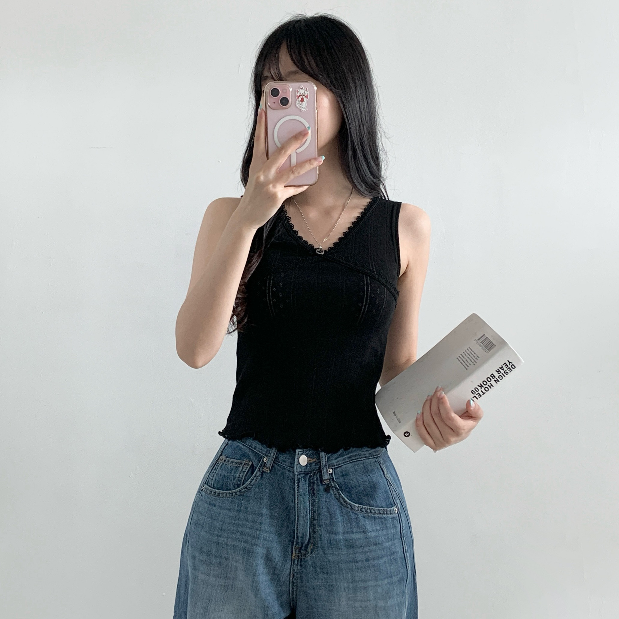 Vネックフリルパンチングシンプルスリムレースノースリーブ | 詳細画像7
