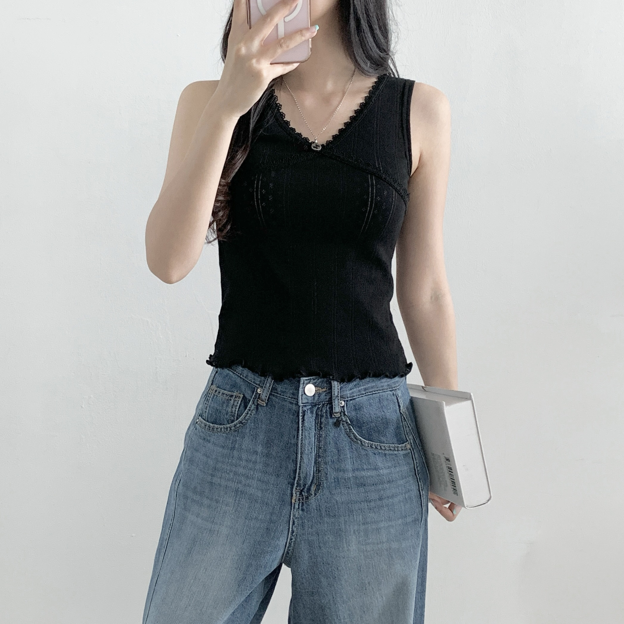 Vネックフリルパンチングシンプルスリムレースノースリーブ | 詳細画像9