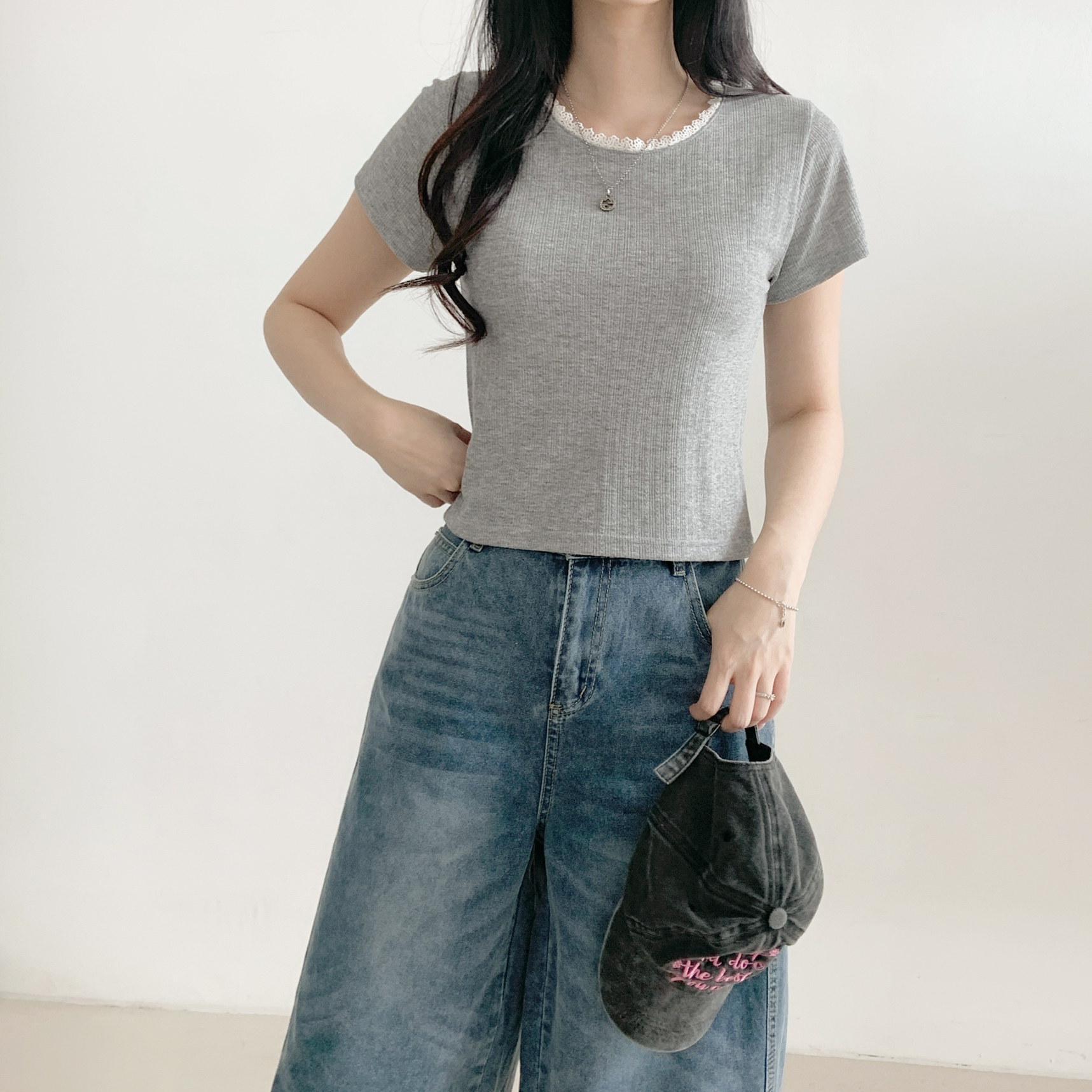 ラウンドネックスリム半袖セミクロップドレースTシャツ | 詳細画像16