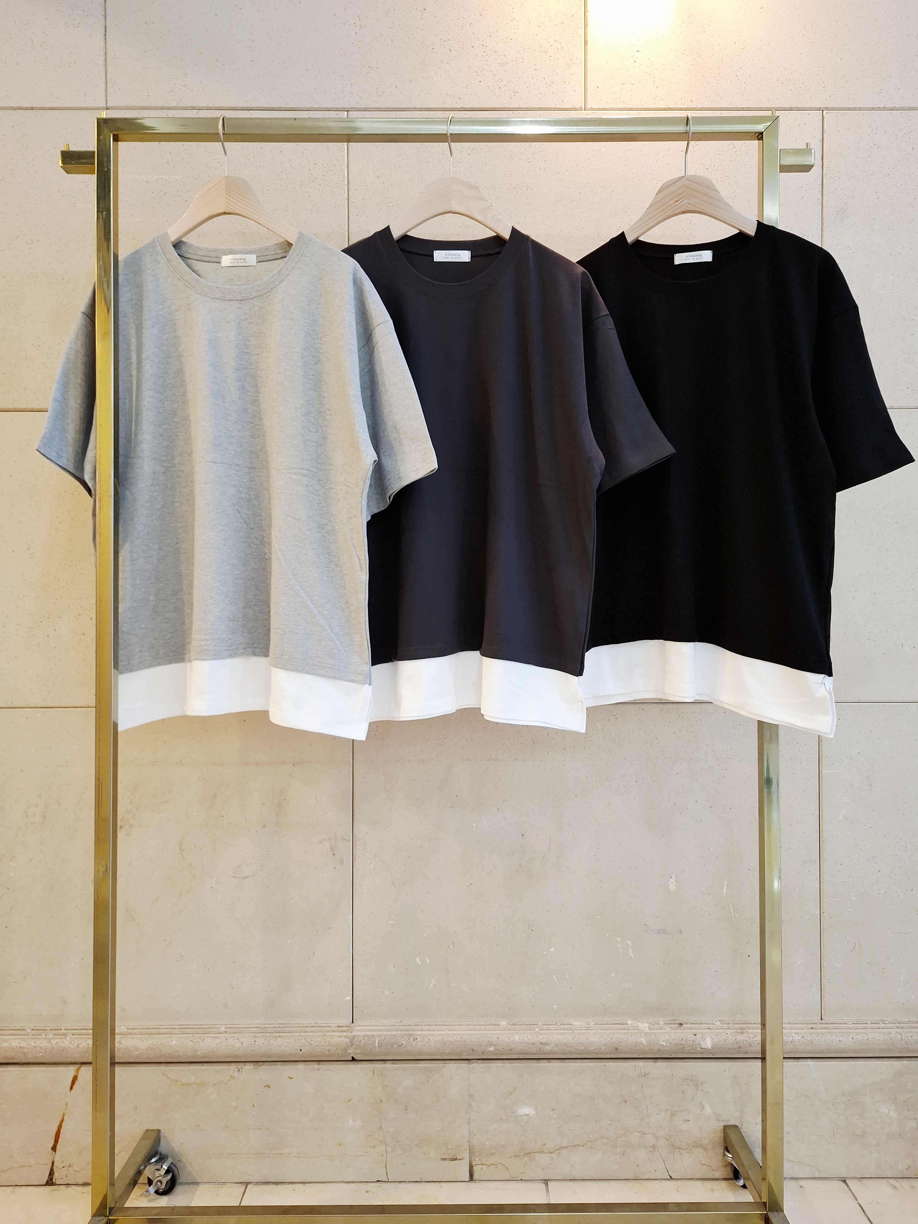 ラウンドネックスリットオーバーサイズレイヤード風ルーズドロップショルダー配色Tシャツ | 詳細画像7
