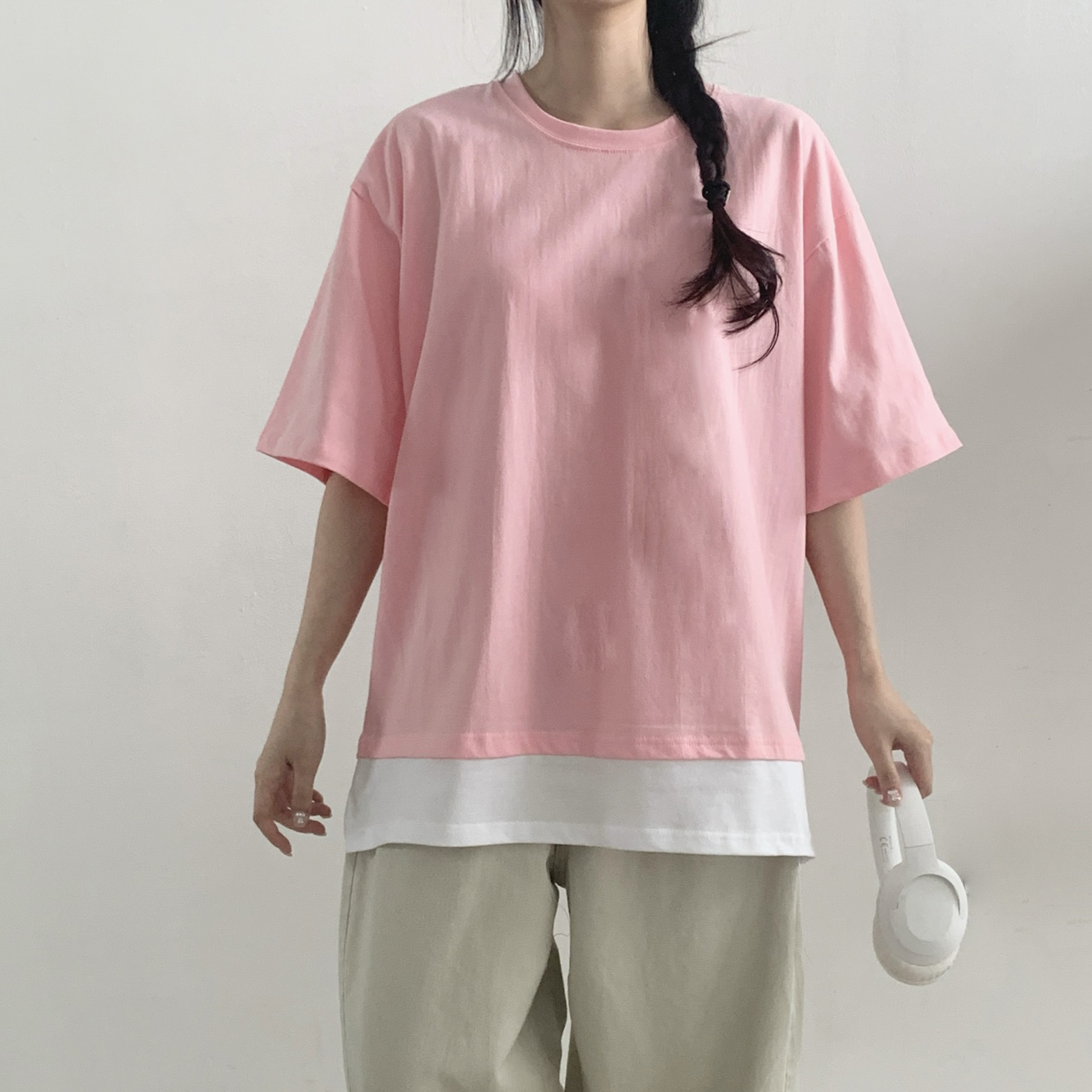 ラウンドネックスリットオーバーサイズレイヤード風ルーズドロップショルダー配色Tシャツ | 詳細画像10