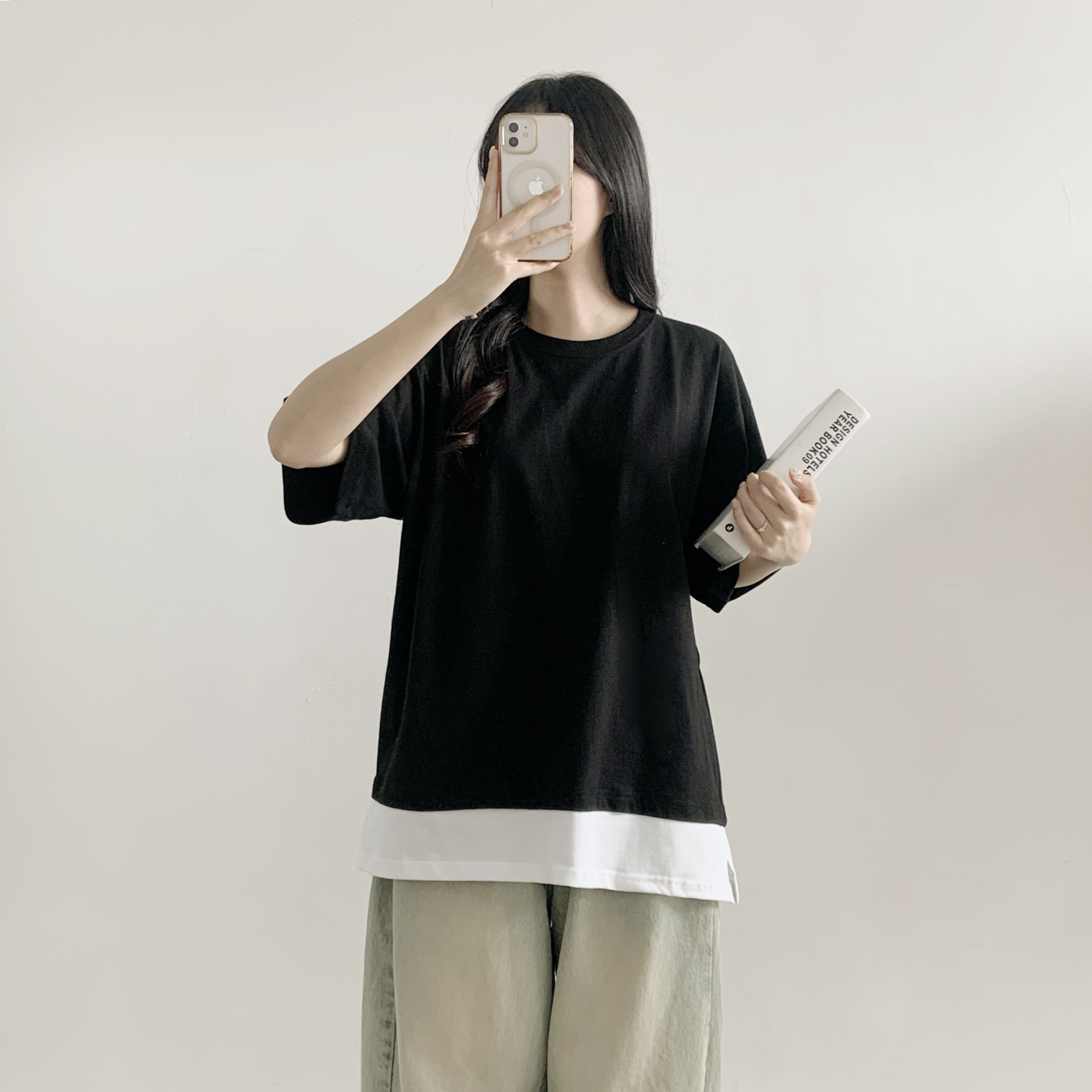 ラウンドネックスリットオーバーサイズレイヤード風ルーズドロップショルダー配色Tシャツ | 詳細画像12