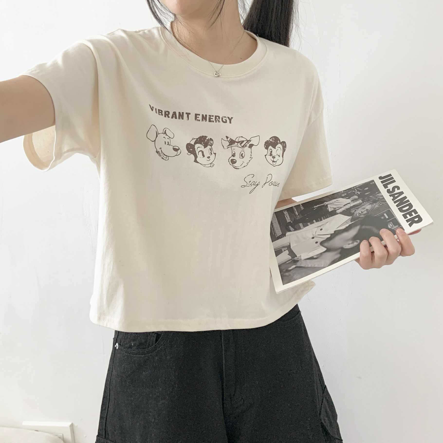 ラウンドネッククロップドワイドドロップショルダープリントTシャツ | 詳細画像2
