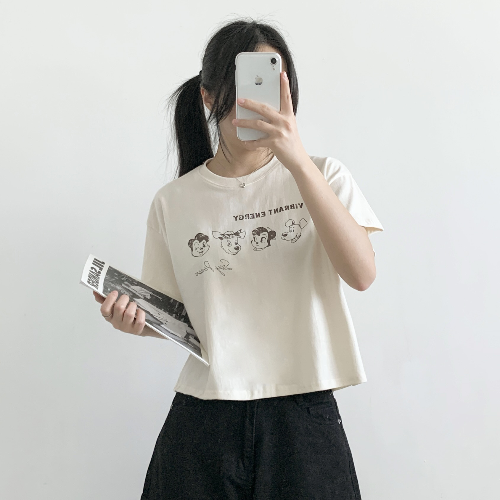 ラウンドネッククロップドワイドドロップショルダープリントTシャツ | 詳細画像11