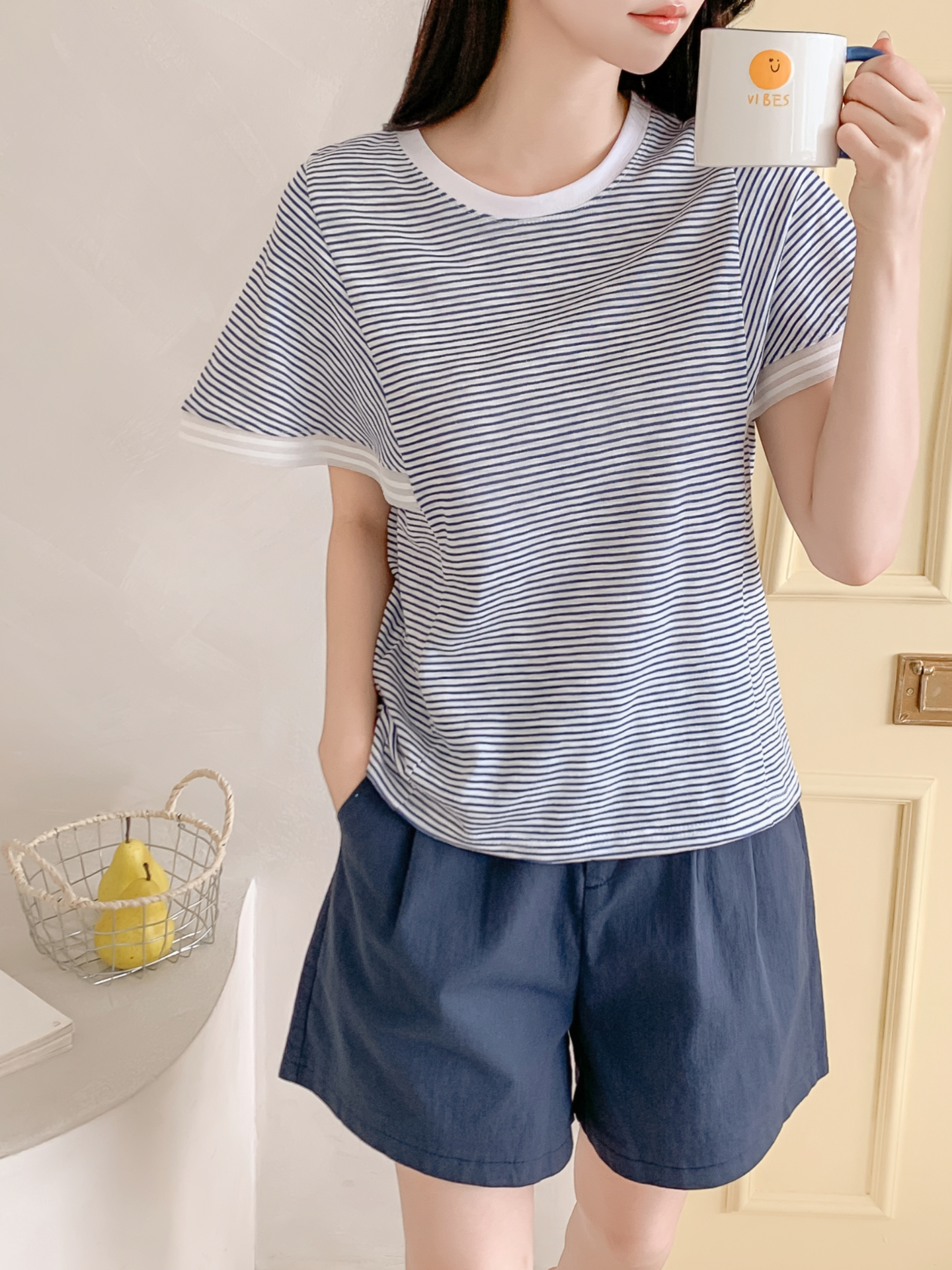 コンビ配色ラウンドネックルーズ半袖ボーダーTシャツ | 詳細画像7