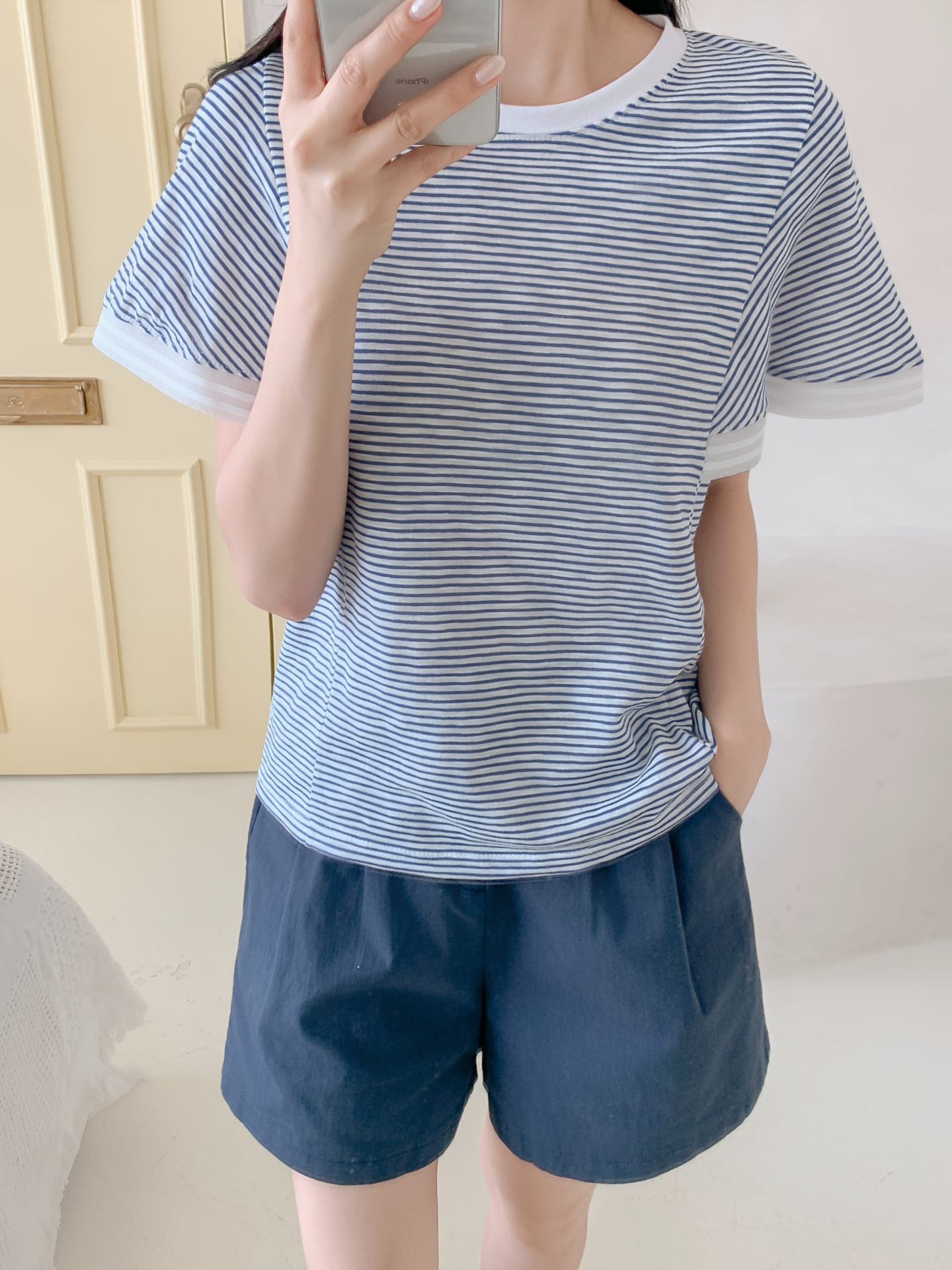 コンビ配色ラウンドネックルーズ半袖ボーダーTシャツ | 詳細画像18