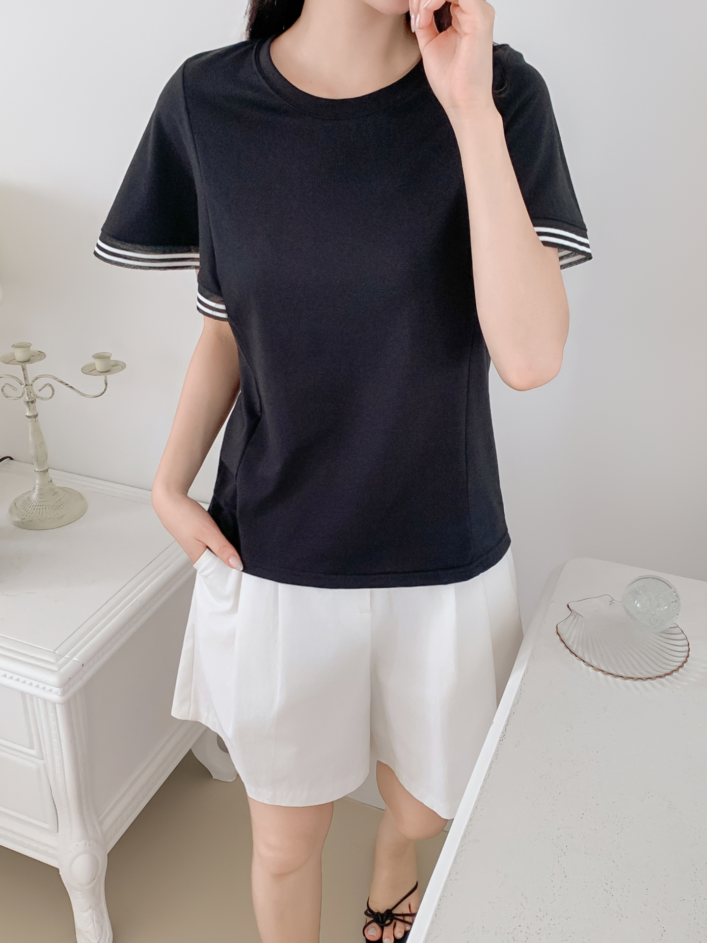 コンビ配色ラウンドネックルーズ半袖ボーダーTシャツ | 詳細画像23