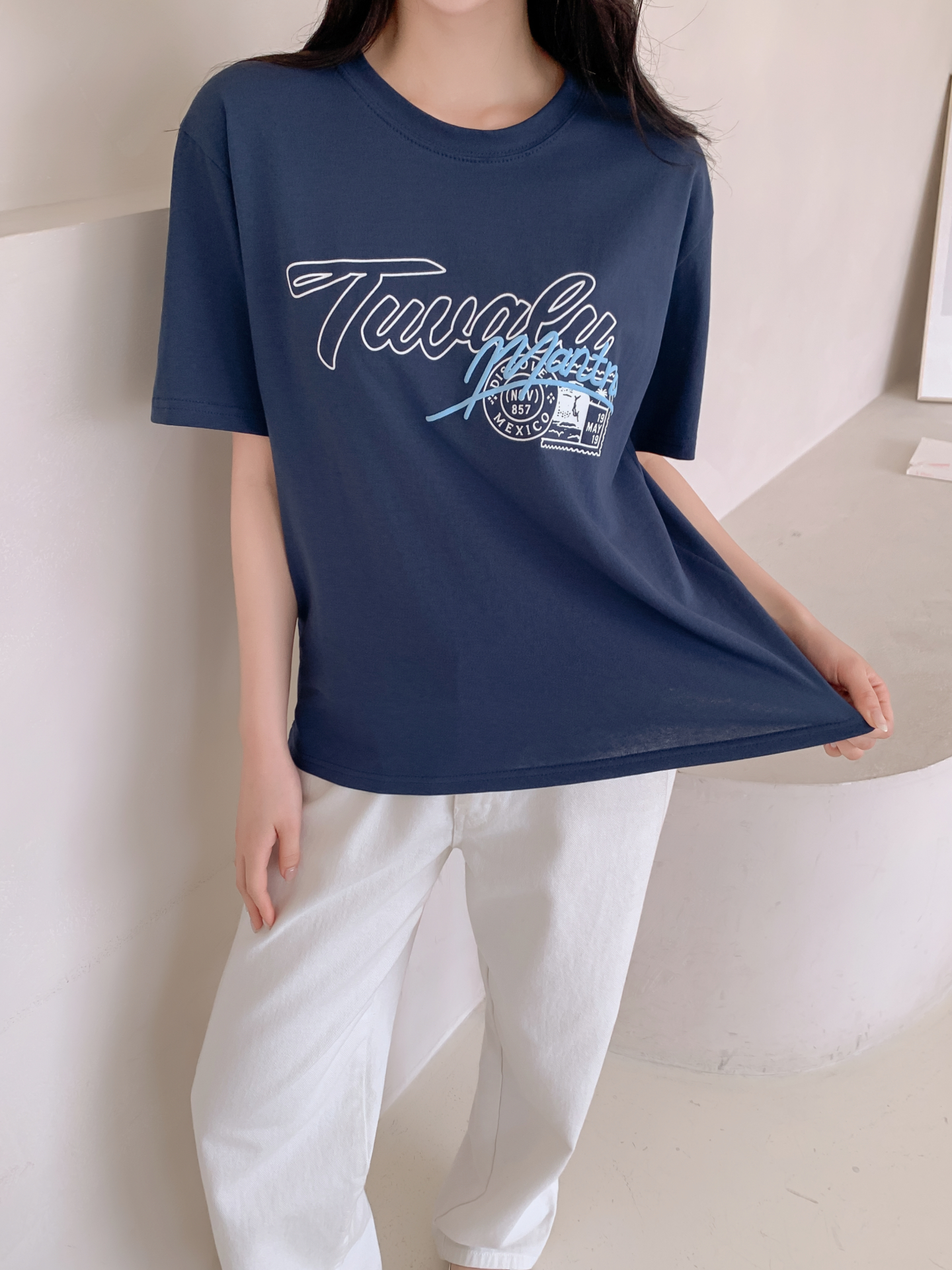 コットンラウンドネックベーシックルーズ半袖ロゴTシャツ | 詳細画像28