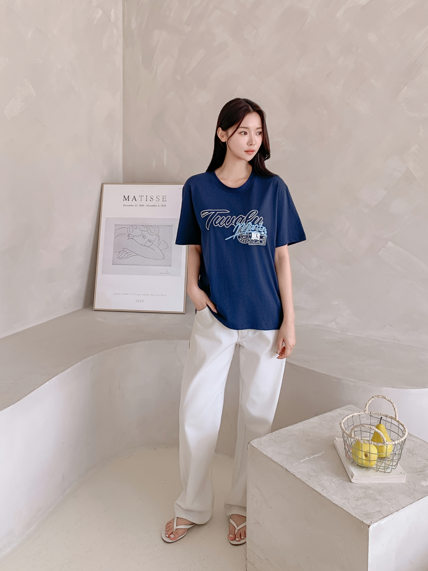 コットンラウンドネックベーシックルーズ半袖ロゴTシャツ | レディース