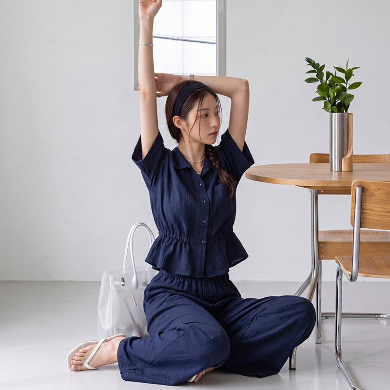 カラーワイド半袖無地シャツパンツセットアップ | レディース
