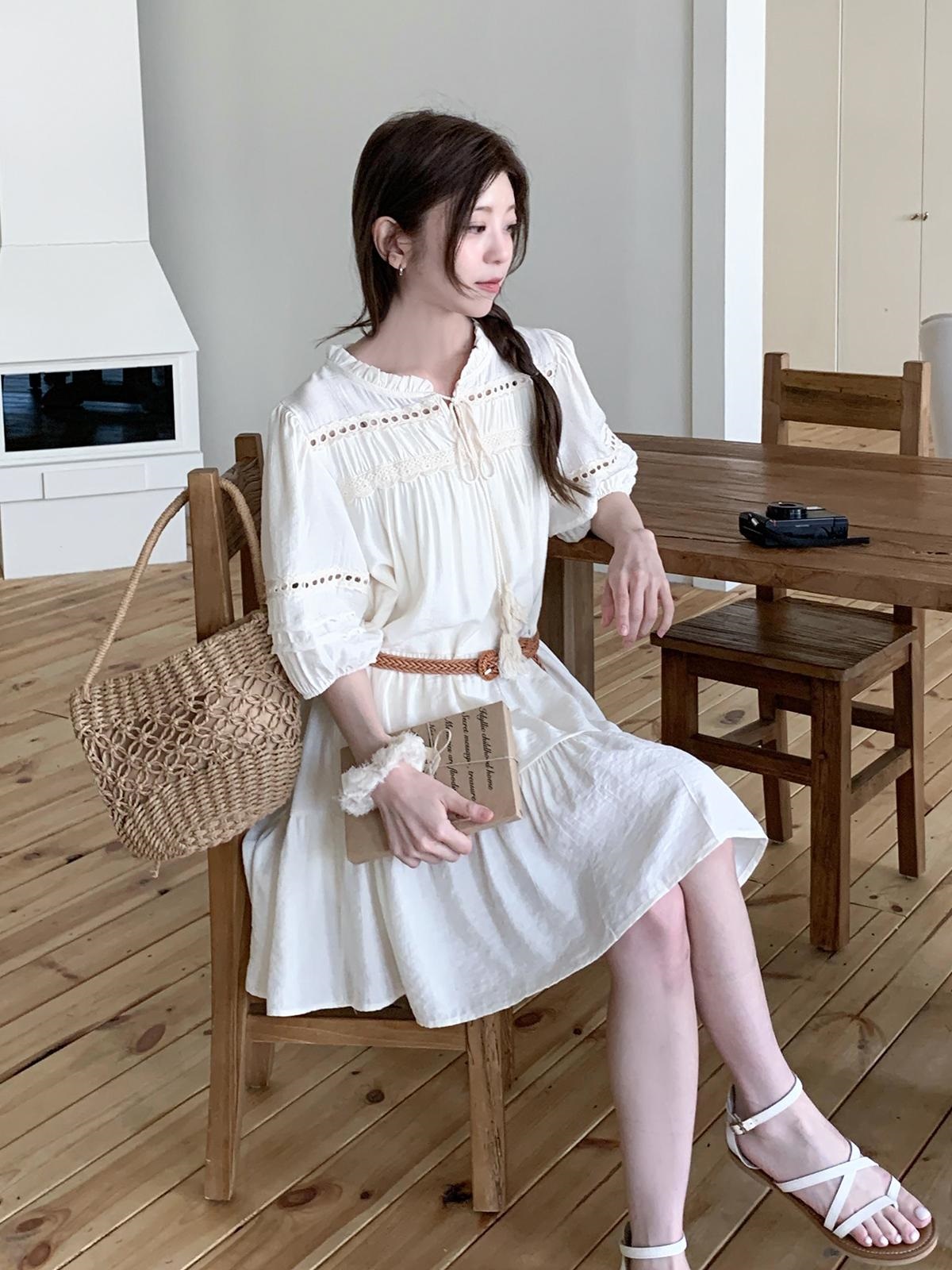 パンチングパフスリーブフレア無地ワンピースベルト付 | 詳細画像7