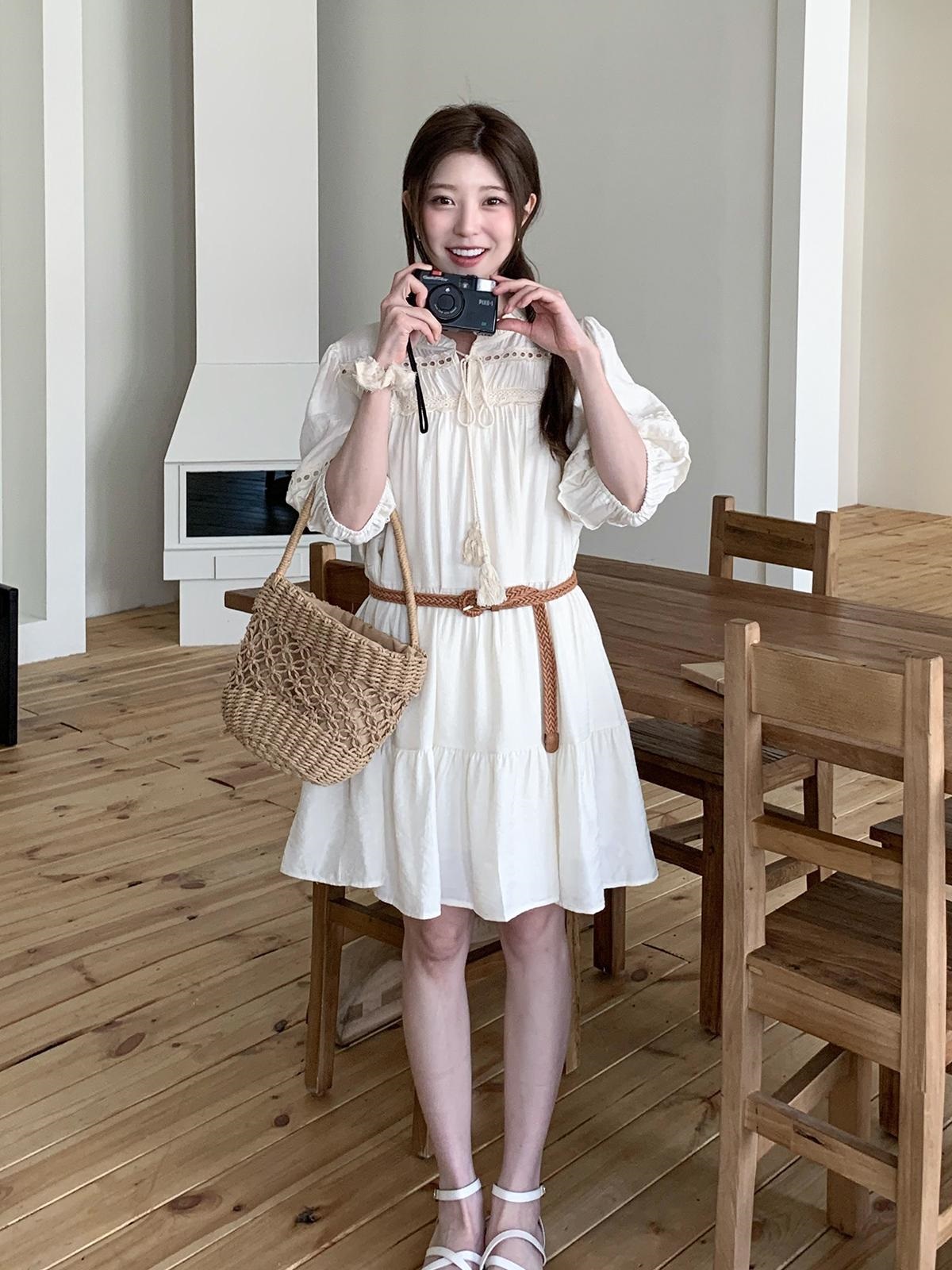 パンチングパフスリーブフレア無地ワンピースベルト付 | 詳細画像11