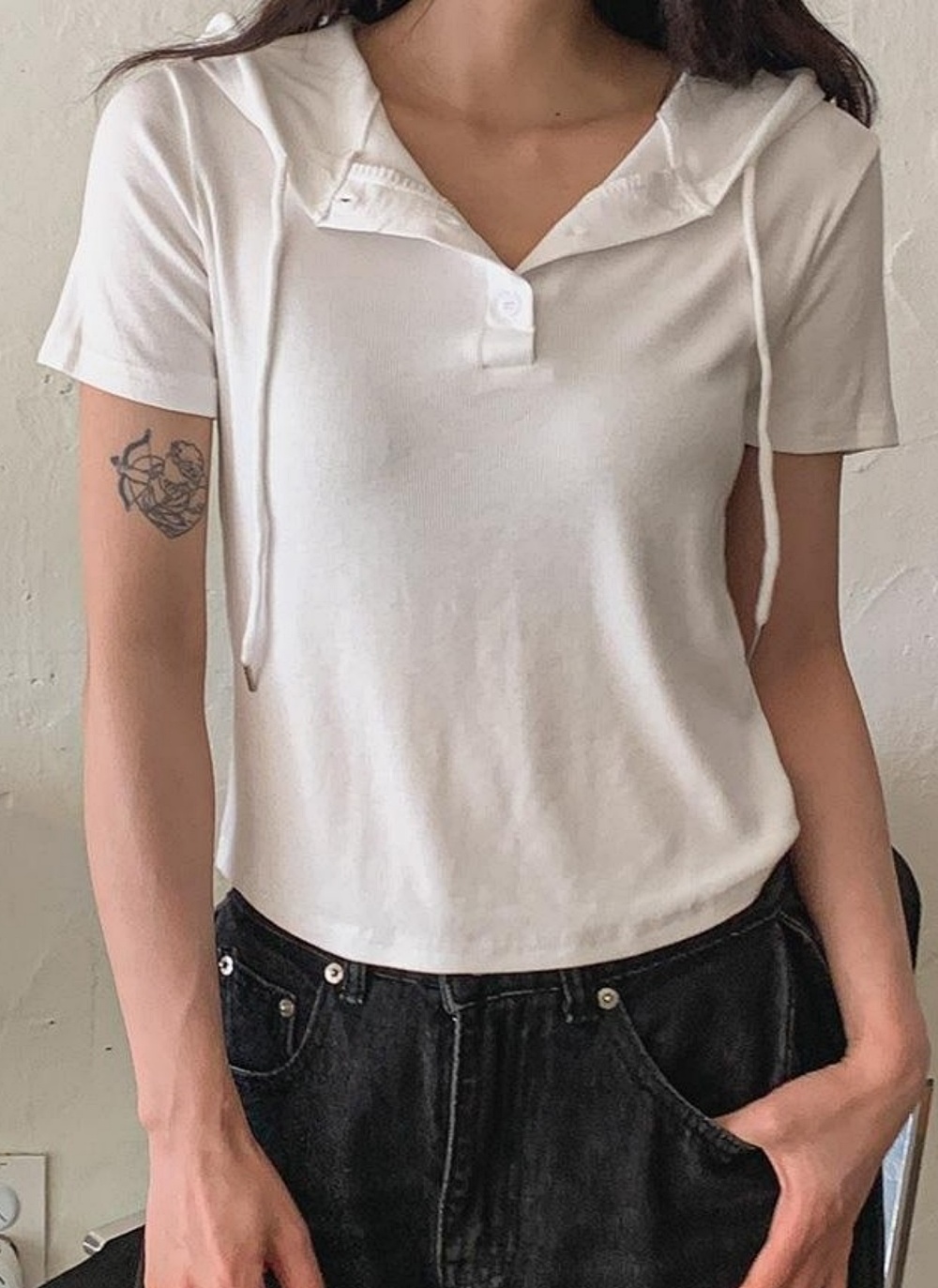 フードドローストリングハーフボタン無地Tシャツ | 詳細画像16