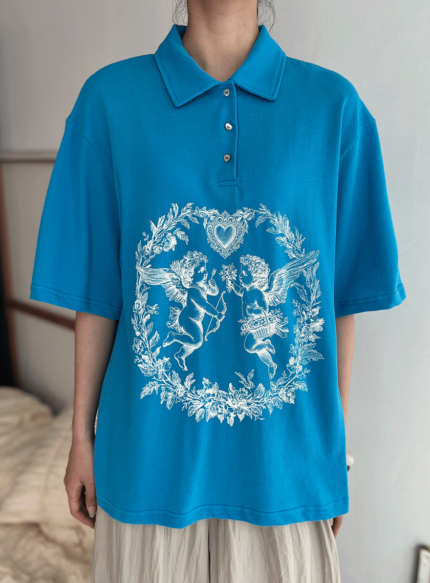 コットンカラー半袖ルーズボクシーポロカラーTシャツ | レディース
