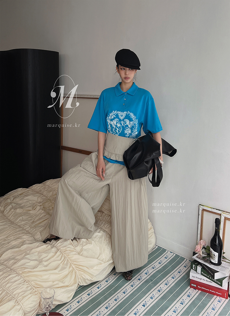 コットンカラー半袖ルーズボクシーポロカラーTシャツ | レディース
