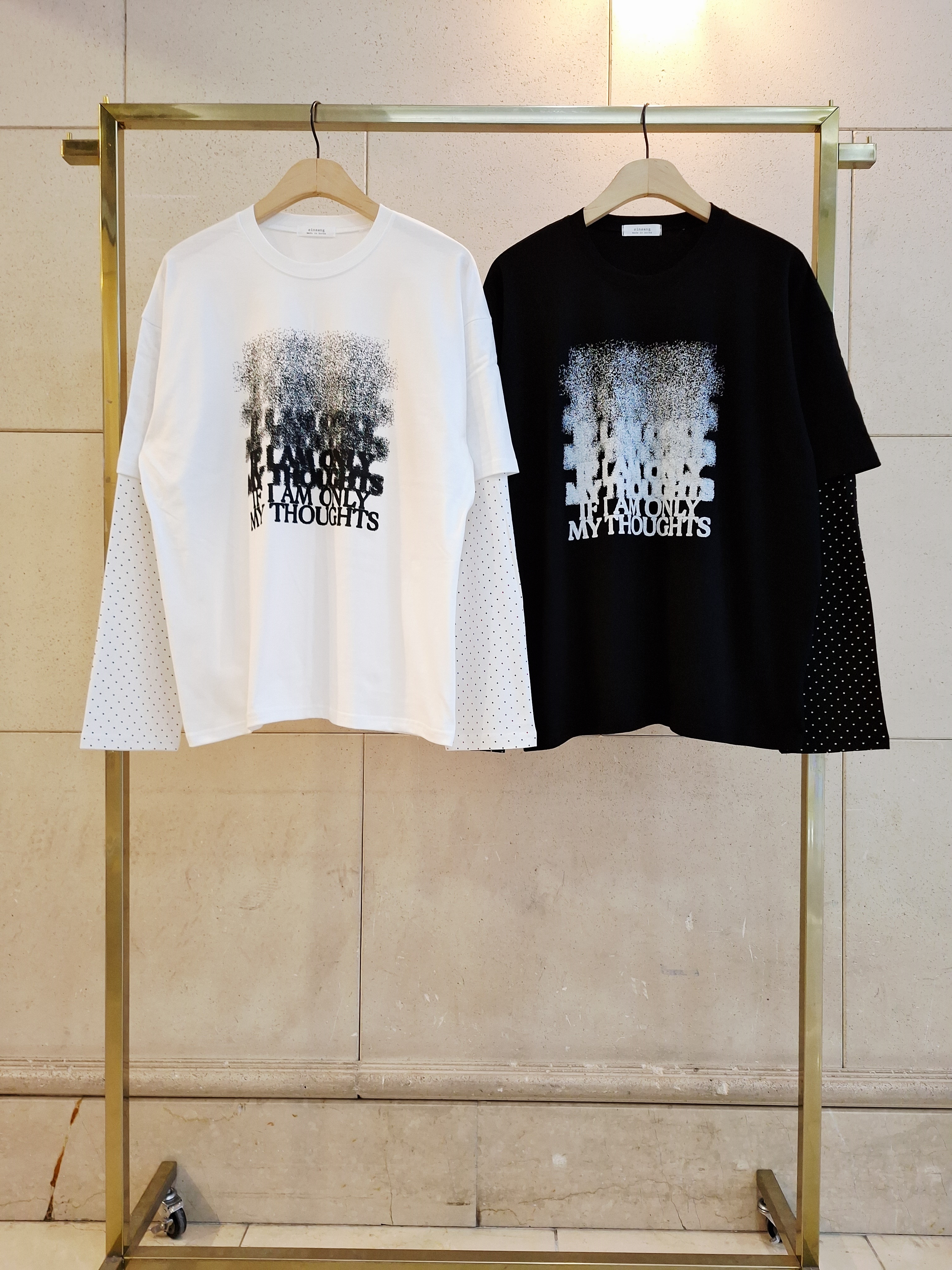 ラウンドネックレイヤード風ドロップショルダードットプリントTシャツ | 詳細画像5