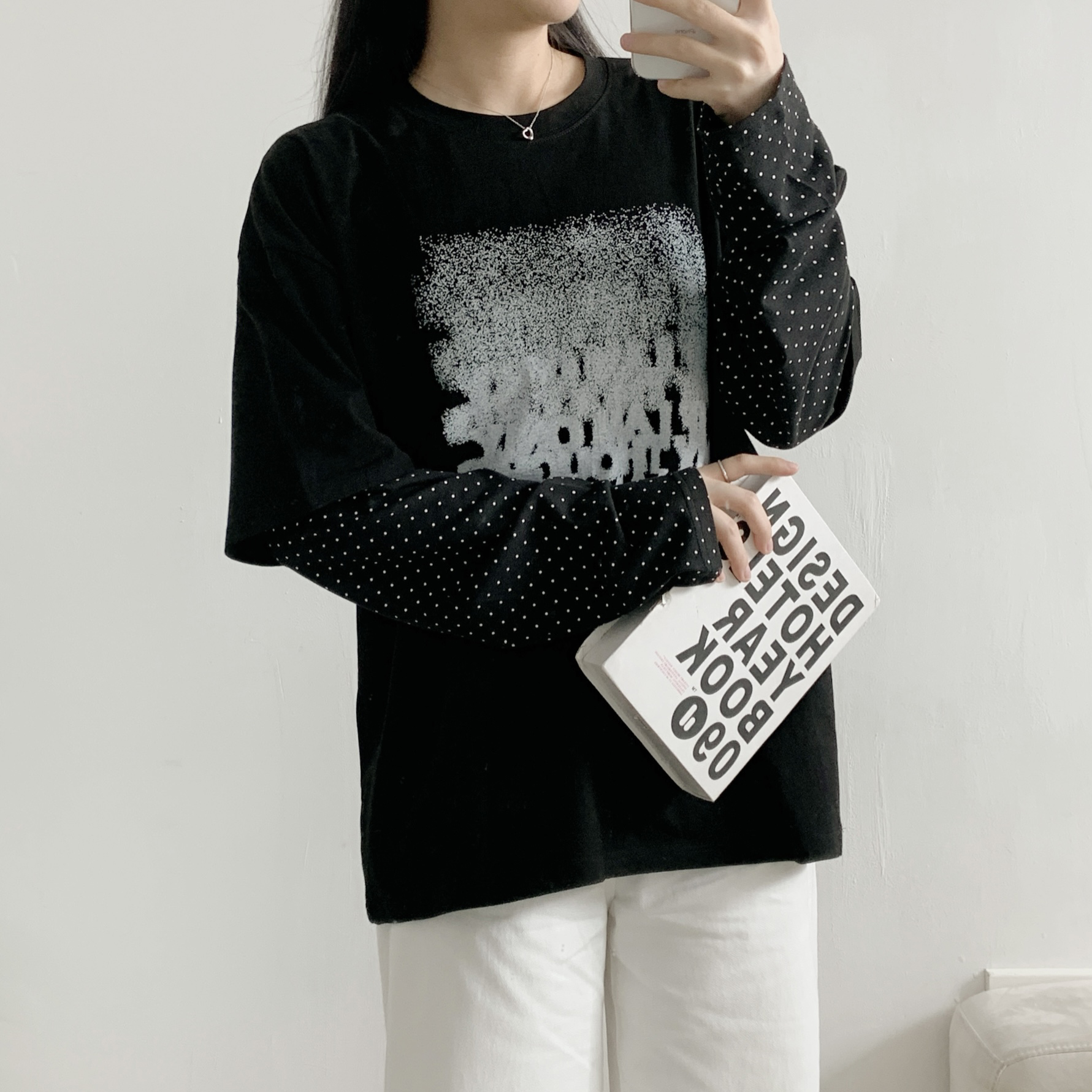 ラウンドネックレイヤード風ドロップショルダードットプリントTシャツ | 詳細画像6