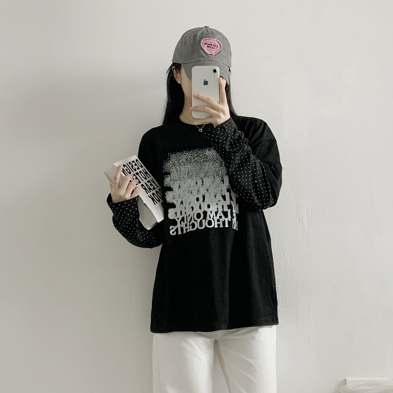 ラウンドネックレイヤード風ドロップショルダードットプリントTシャツ | 詳細画像7
