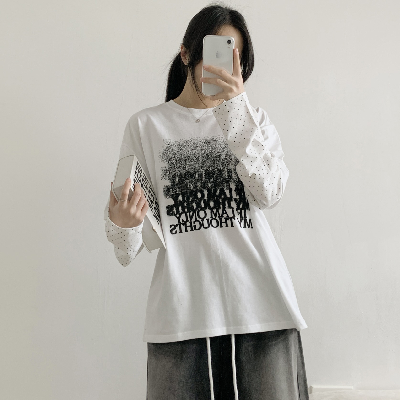 ラウンドネックレイヤード風ドロップショルダードットプリントTシャツ | 詳細画像9