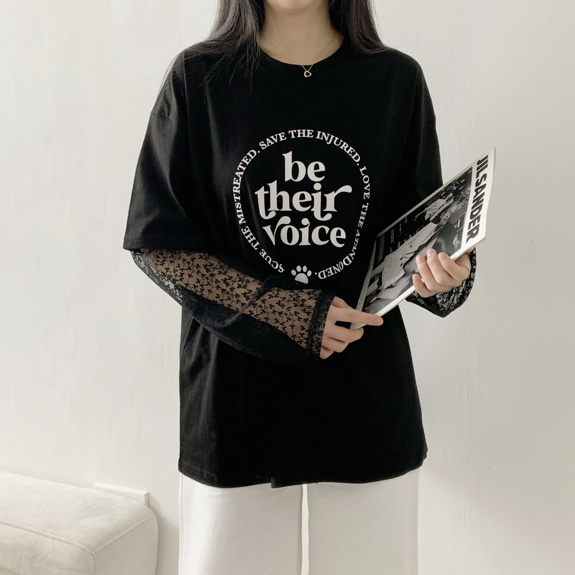 ラウンドネックレイヤード風レタリングプリントTシャツ | 詳細画像4