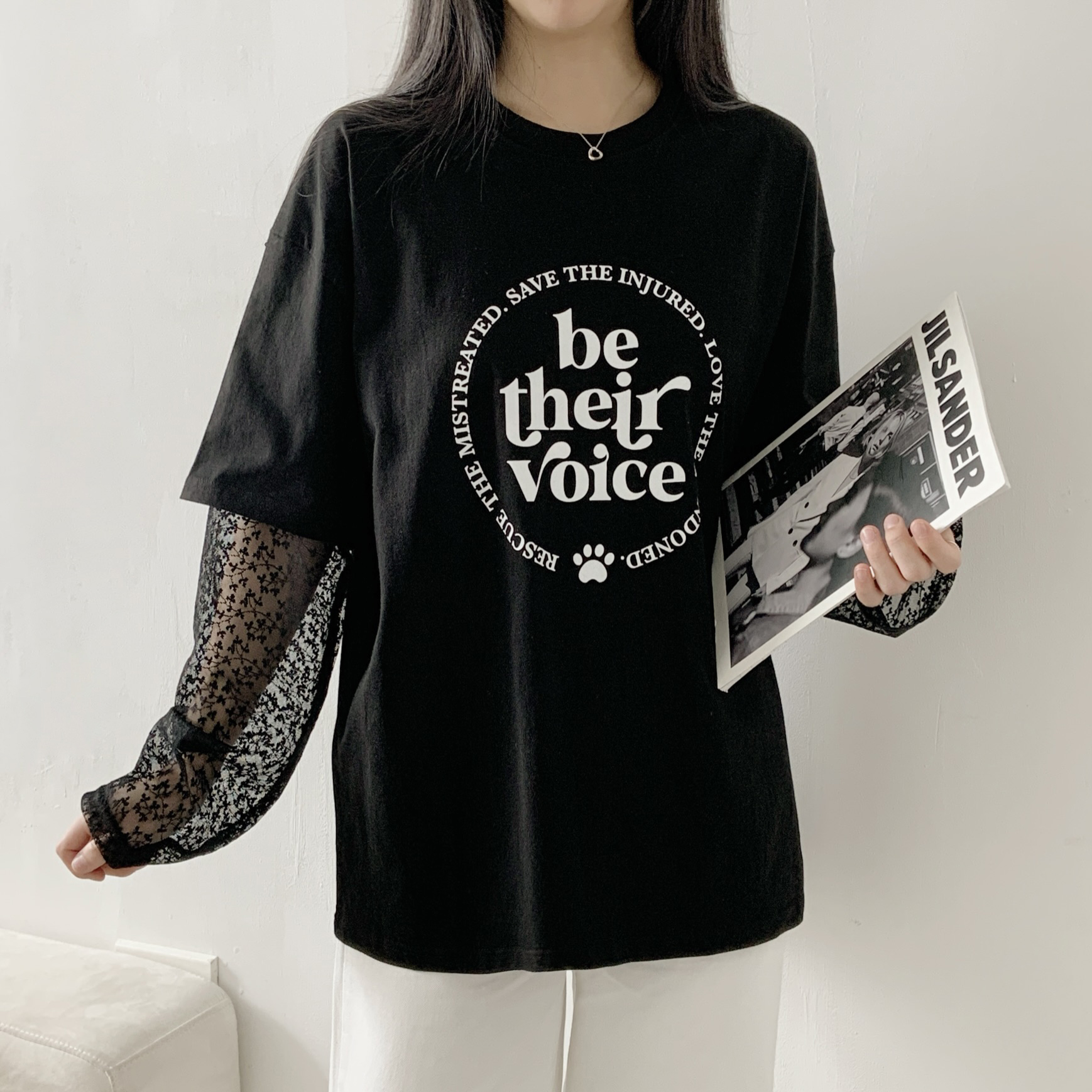 ラウンドネックレイヤード風レタリングプリントTシャツ | 詳細画像5