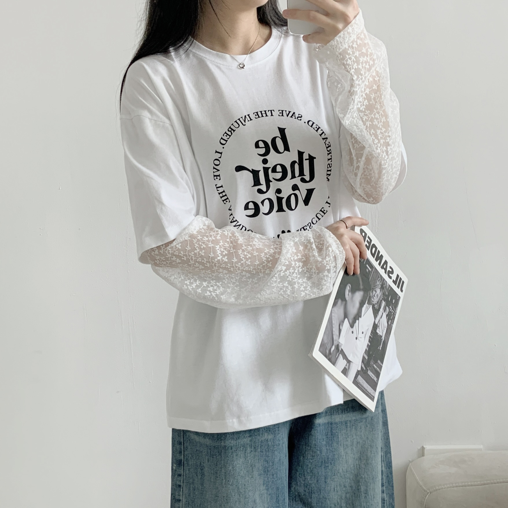 ラウンドネックレイヤード風レタリングプリントTシャツ | 詳細画像7