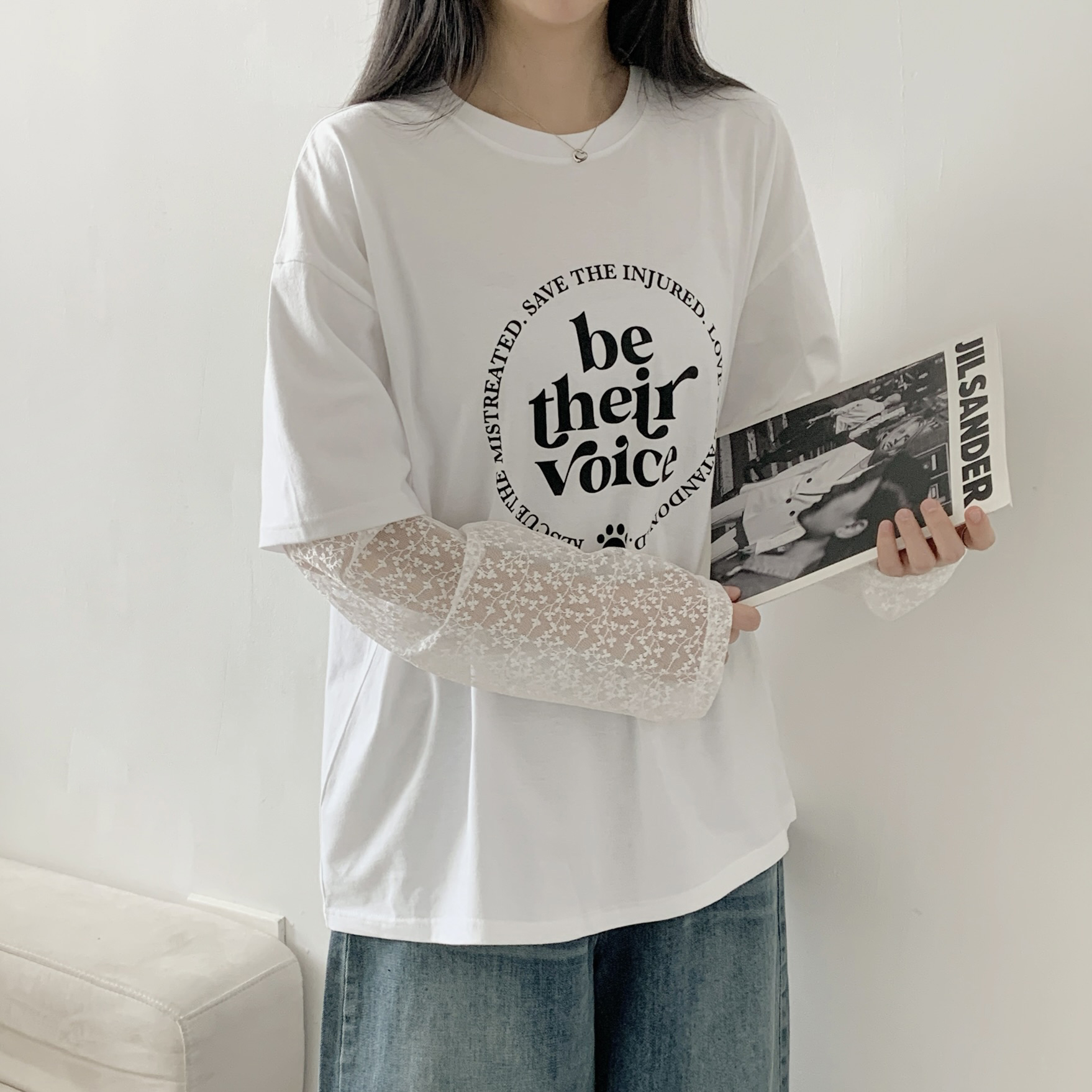 ラウンドネックレイヤード風レタリングプリントTシャツ | 詳細画像9
