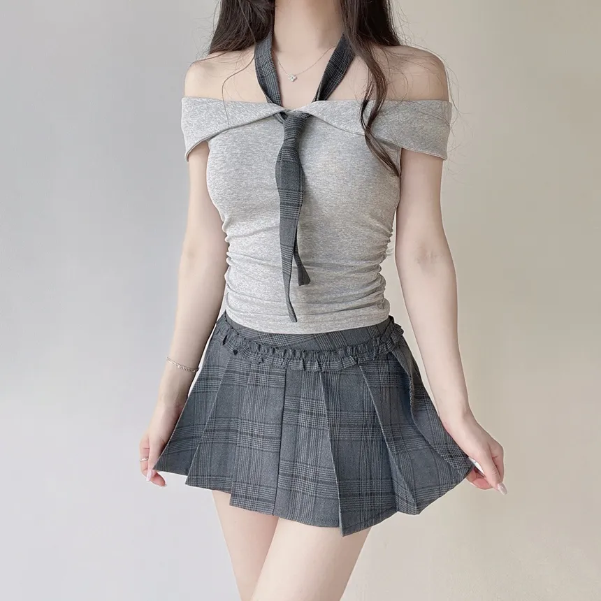 サイドギャザーオフショルダーTシャツスカートパンツセットアップネクタイセット | mirangmirang | 詳細画像4