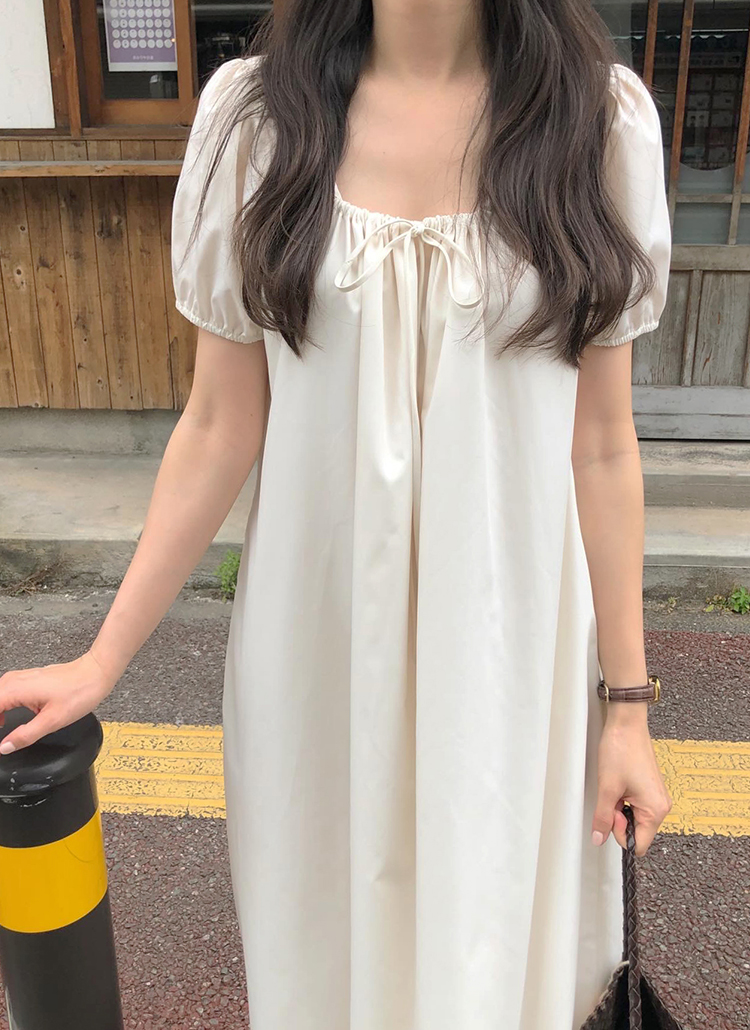 Uネックドローストリングパフスリーブフレア無地ワンピース