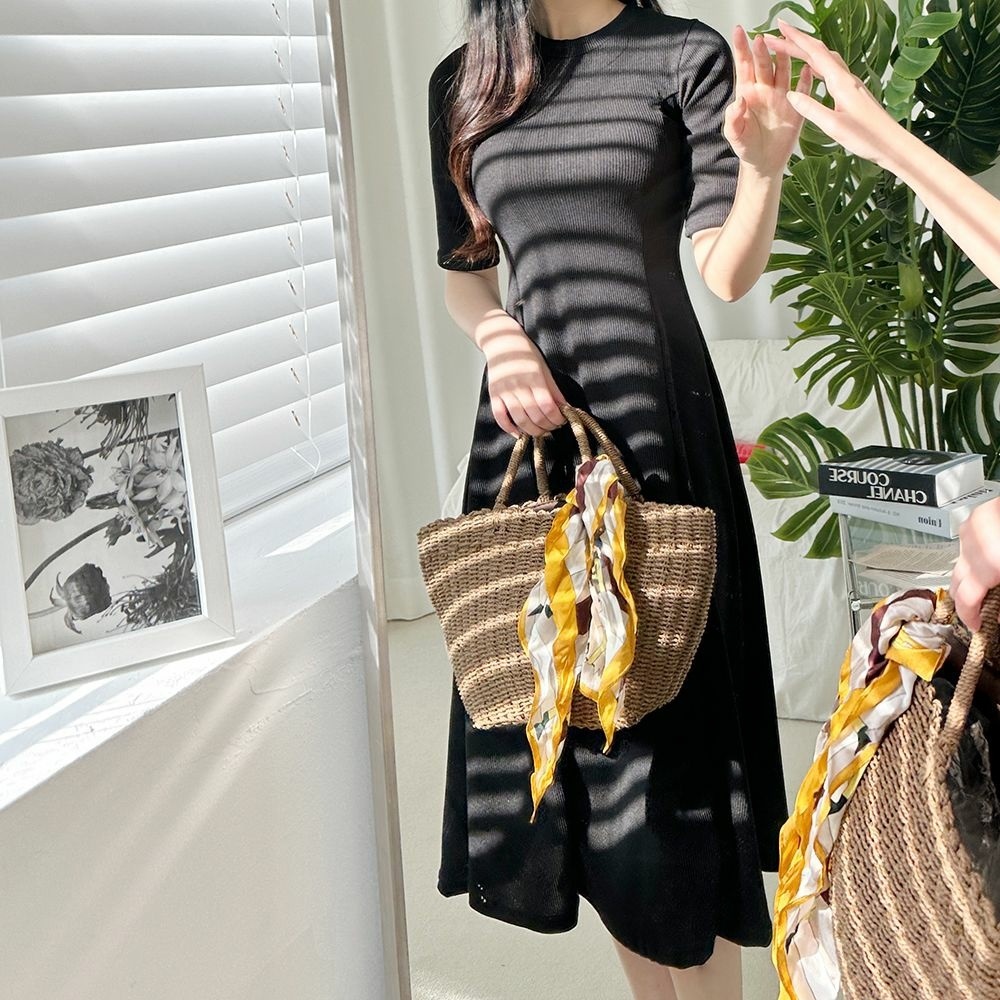 リブラウンドネックロング半袖ワンピース | 詳細画像3
