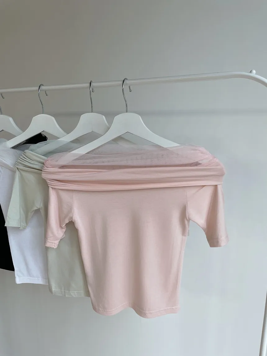 メッシュオフショルダー半袖Tシャツ | mirangmirang | 詳細画像27