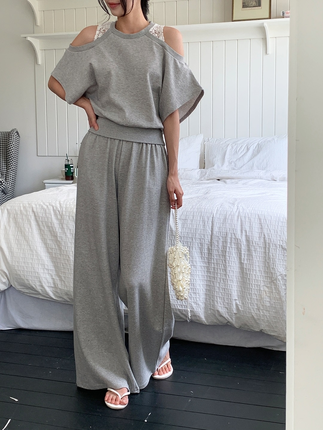 ロングオープンショルダーワイドレース配色ツーピース(トップス、ボトムス)パンツTシャツ | 詳細画像16