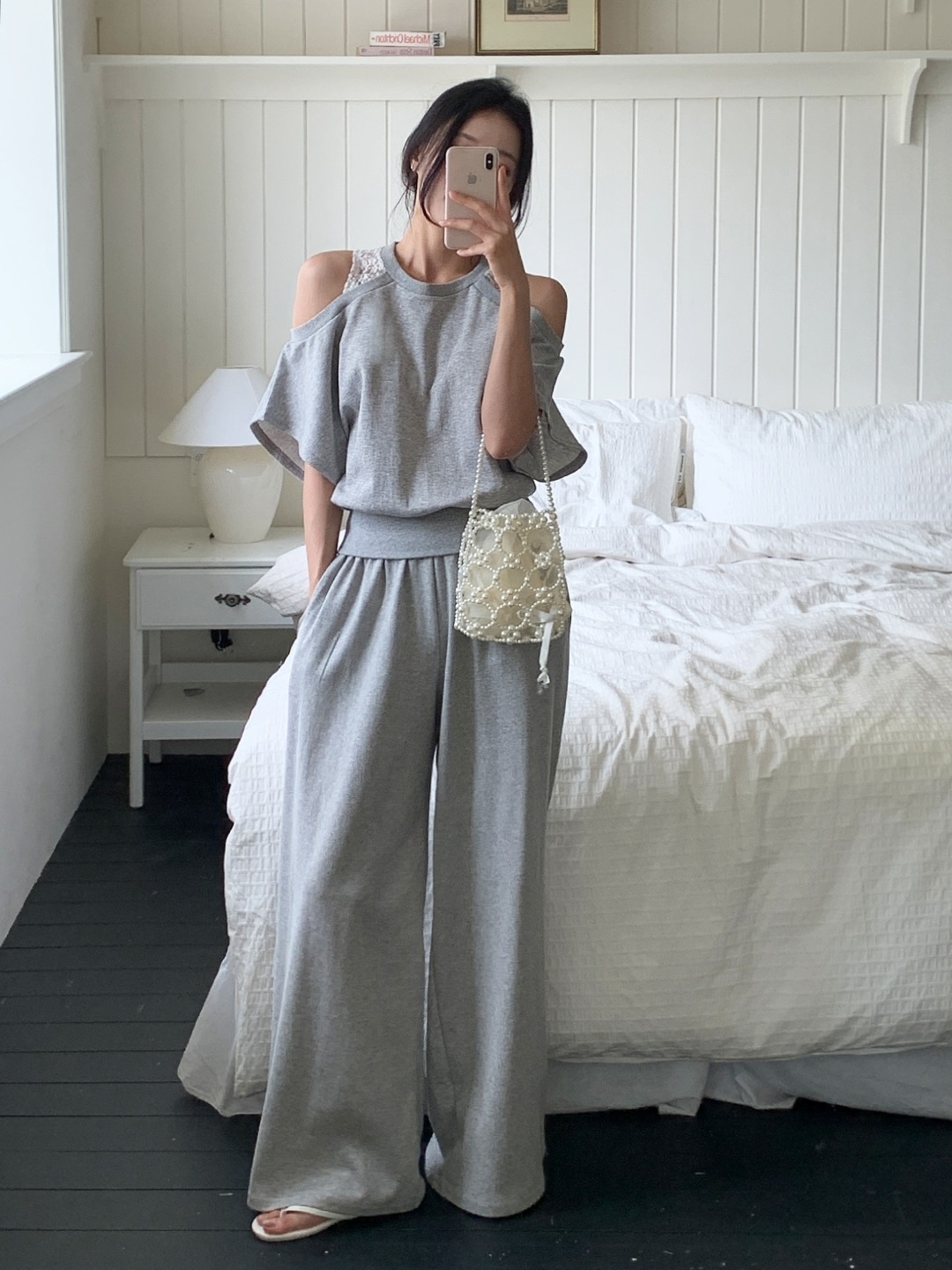 ロングオープンショルダーワイドレース配色ツーピース(トップス、ボトムス)パンツTシャツ | 詳細画像9