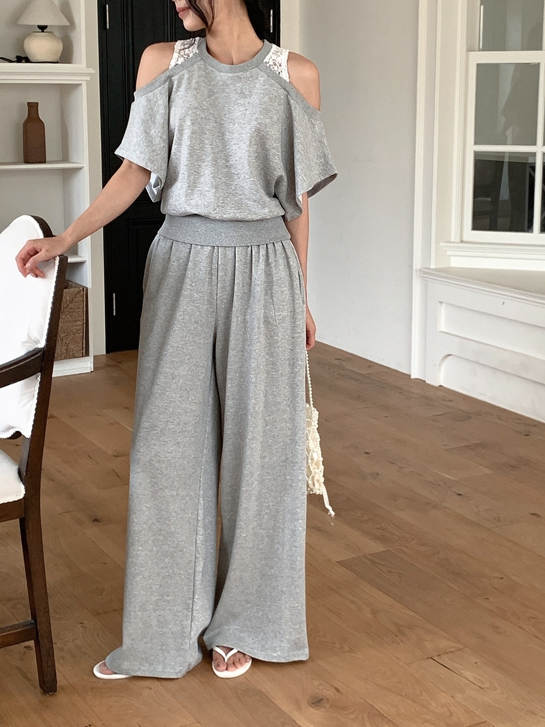 ロングオープンショルダーワイドレース配色ツーピース(トップス、ボトムス)パンツTシャツ | 詳細画像13