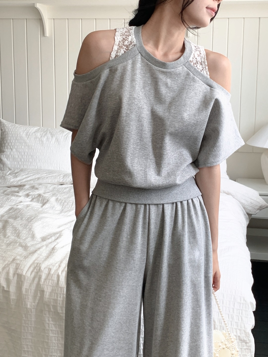 ロングオープンショルダーワイドレース配色ツーピース(トップス、ボトムス)パンツTシャツ | 詳細画像2