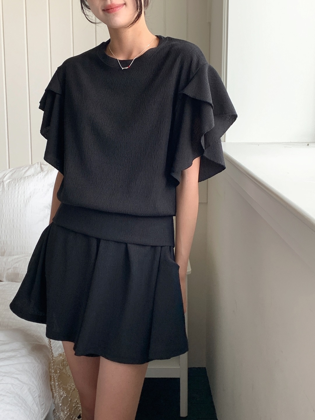 ラウンドネックフリルリンクルリブ無地ツーピース(トップス、ボトムス)パンツTシャツ | 詳細画像8