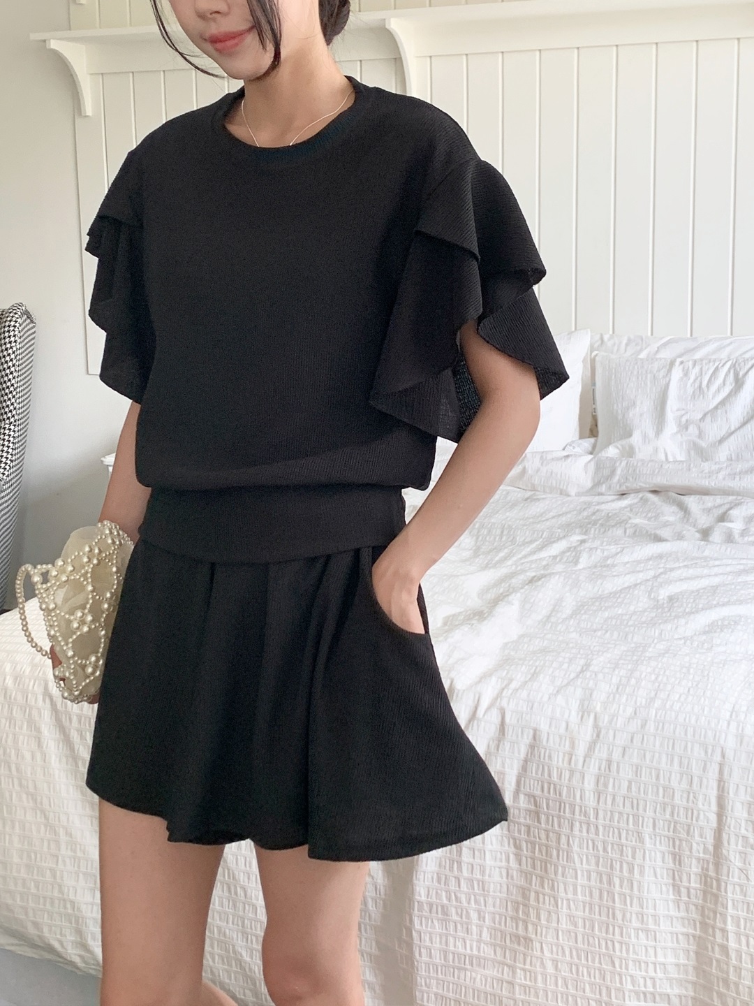 ラウンドネックフリルリンクルリブ無地ツーピース(トップス、ボトムス)パンツTシャツ | 詳細画像10