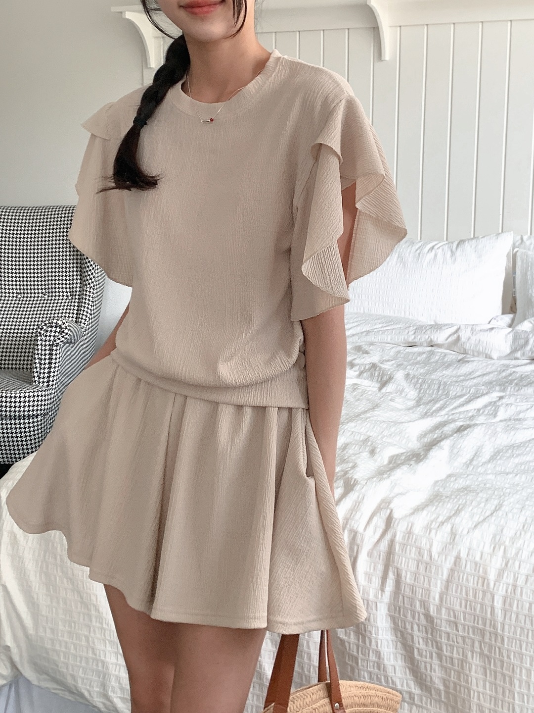 ラウンドネックフリルリンクルリブ無地ツーピース(トップス、ボトムス)パンツTシャツ | 詳細画像15