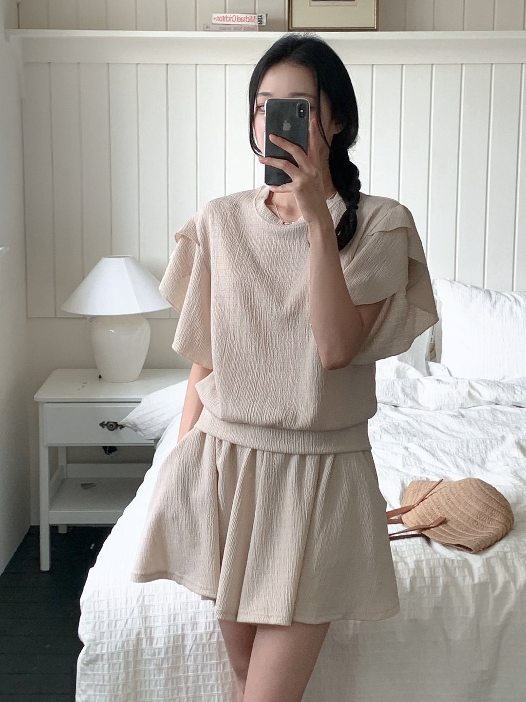 ラウンドネックフリルリンクルリブ無地ツーピース(トップス、ボトムス)パンツTシャツ | 詳細画像16