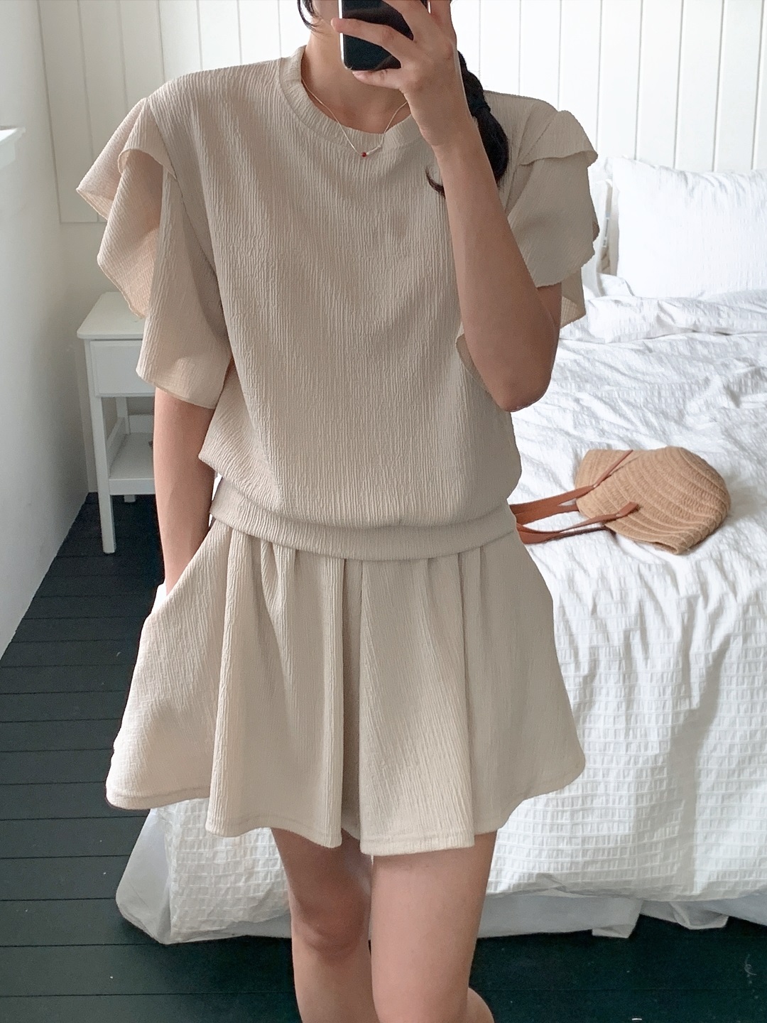ラウンドネックフリルリンクルリブ無地ツーピース(トップス、ボトムス)パンツTシャツ | 詳細画像17