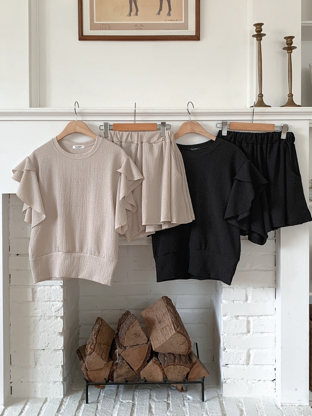ラウンドネックフリルリンクルリブ無地ツーピース(トップス、ボトムス)パンツTシャツ | 詳細画像20