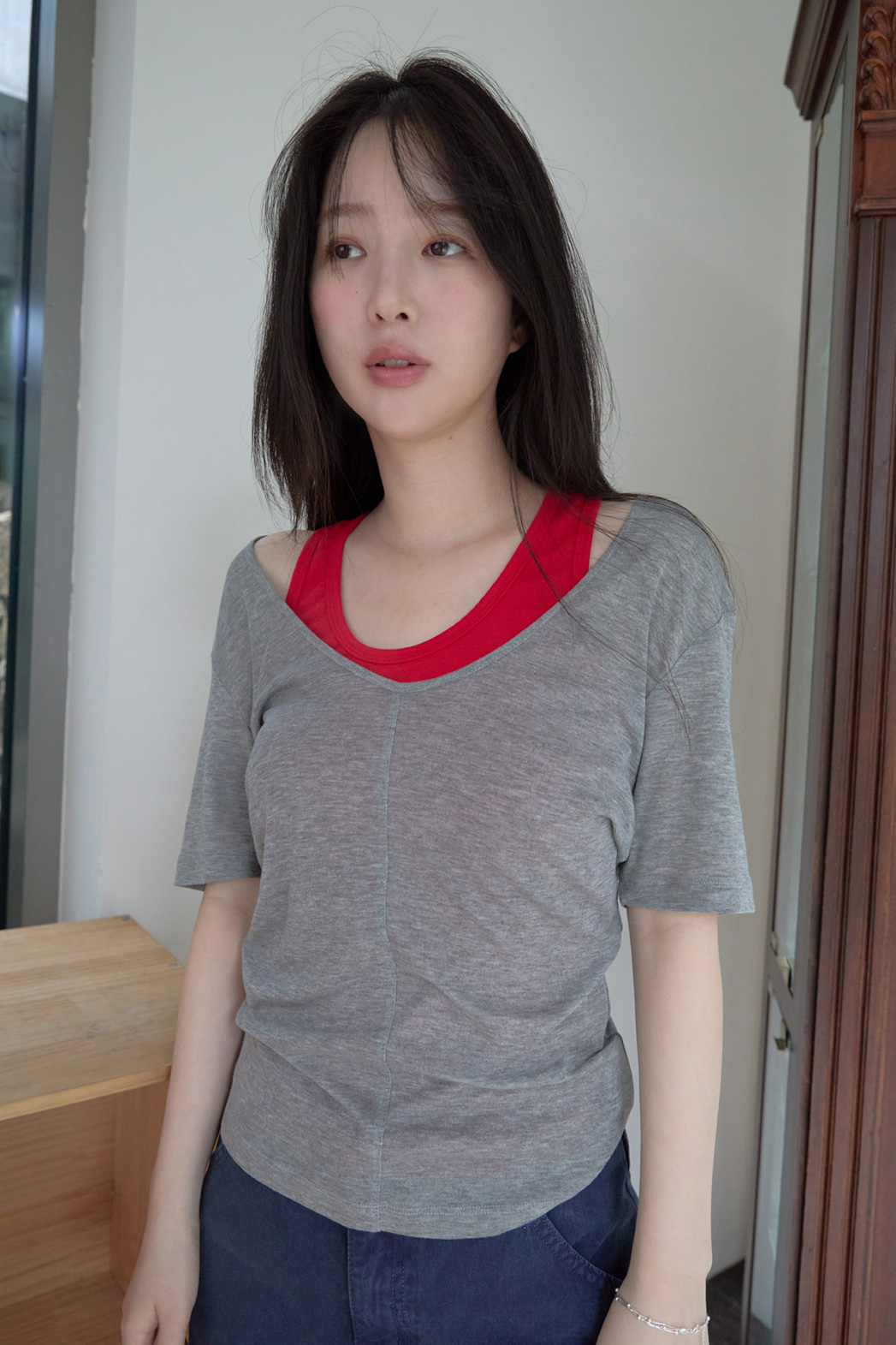シースルーVネック無地TシャツSS | 詳細画像3