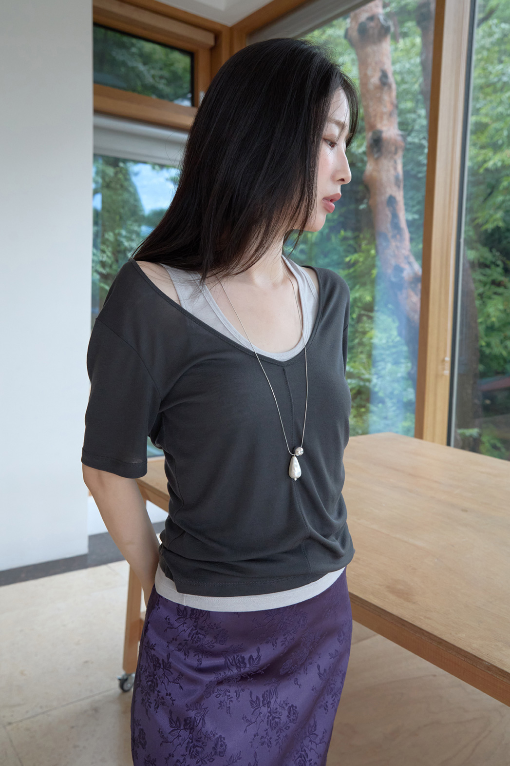 シースルーVネック無地TシャツSS | 詳細画像15