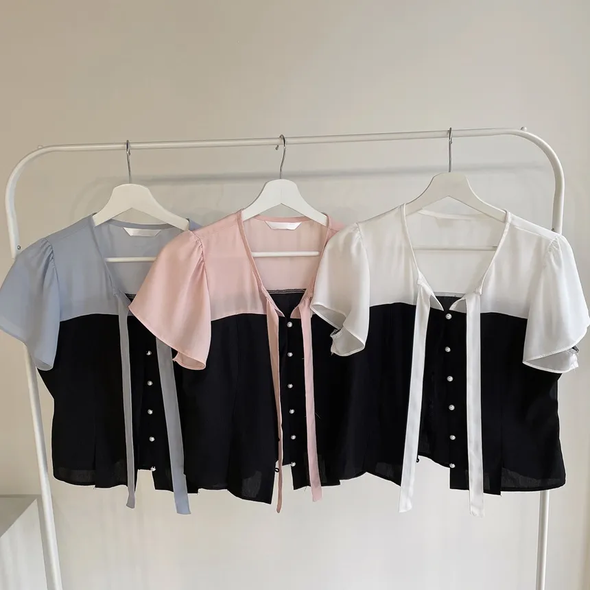 シフォンリボン(固定)半袖配色ブラウス | mirangmirang | 詳細画像12