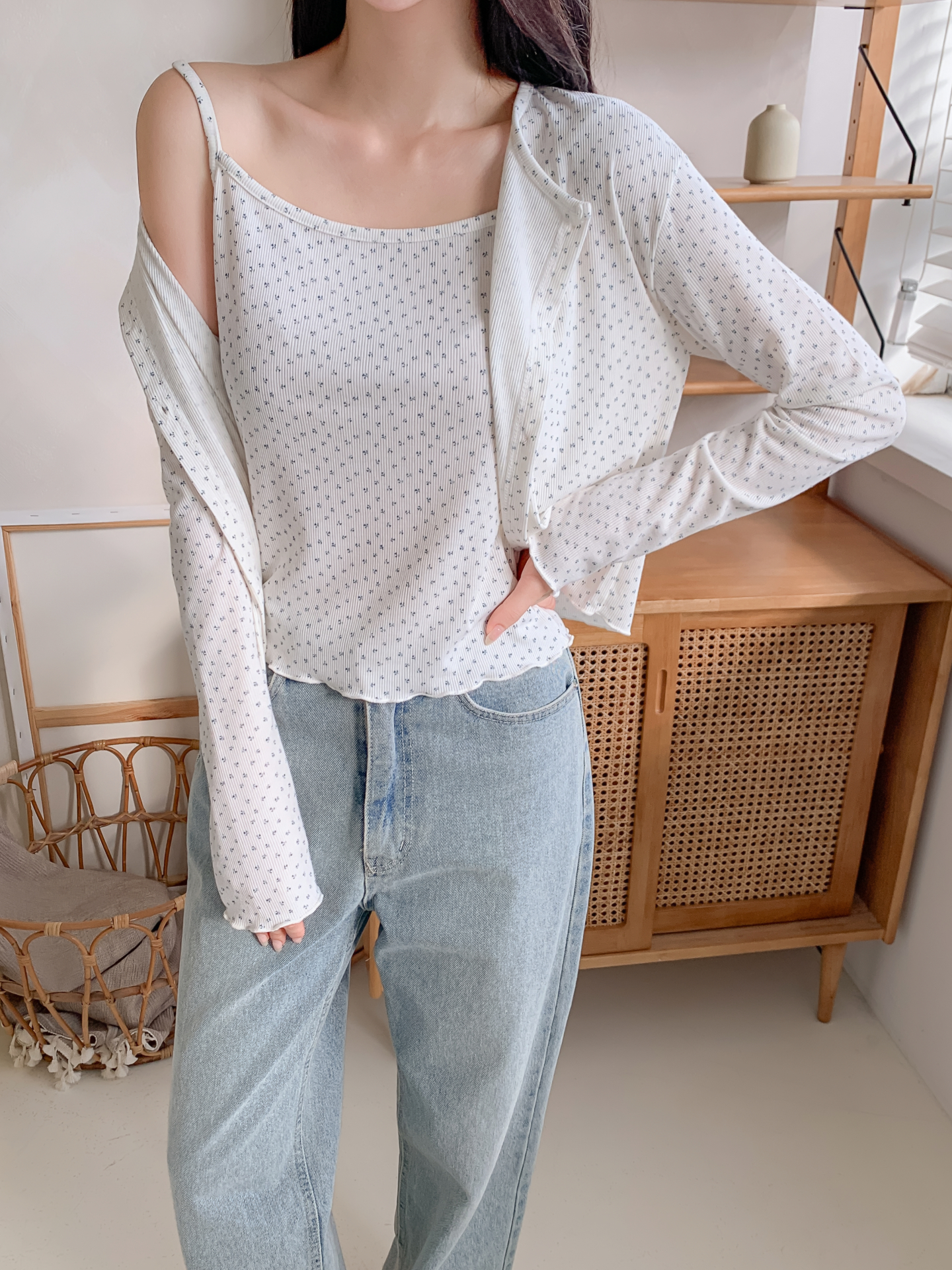 ベーシックスリム長袖小花柄カーディガンベストアンサンブル | 詳細画像7