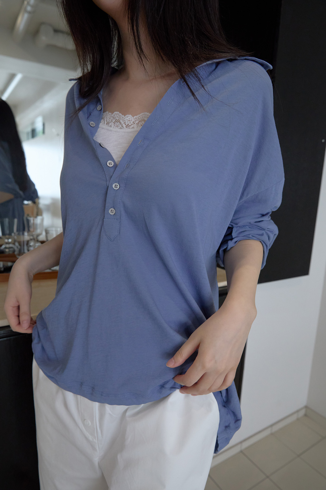 コットンボタンカラーオーバーサイズ無地TシャツポロカラーTシャツSSFW | 詳細画像9