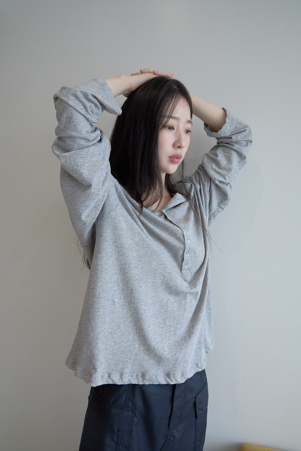 コットンボタンカラーオーバーサイズ無地TシャツポロカラーTシャツSSFW | 詳細画像15