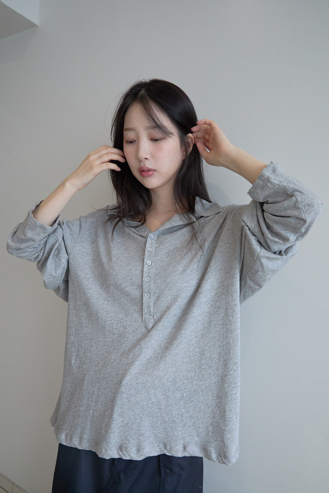 コットンボタンカラーオーバーサイズ無地TシャツポロカラーTシャツSSFW | 詳細画像16