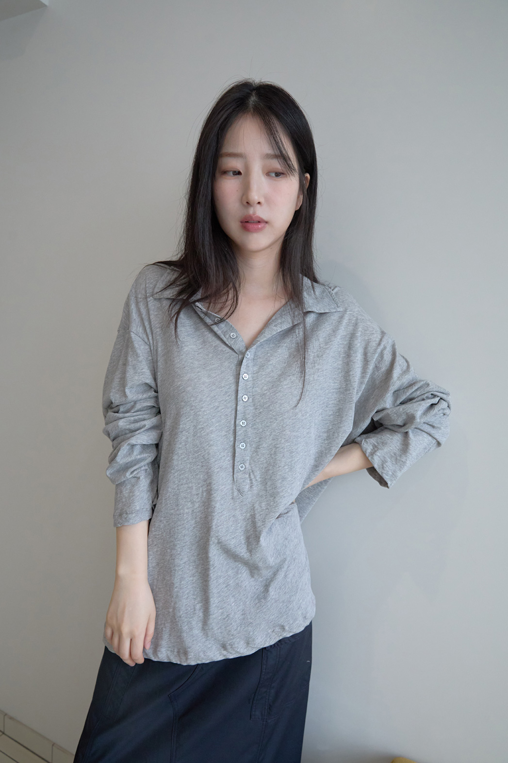 コットンボタンカラーオーバーサイズ無地TシャツポロカラーTシャツSSFW | 詳細画像17