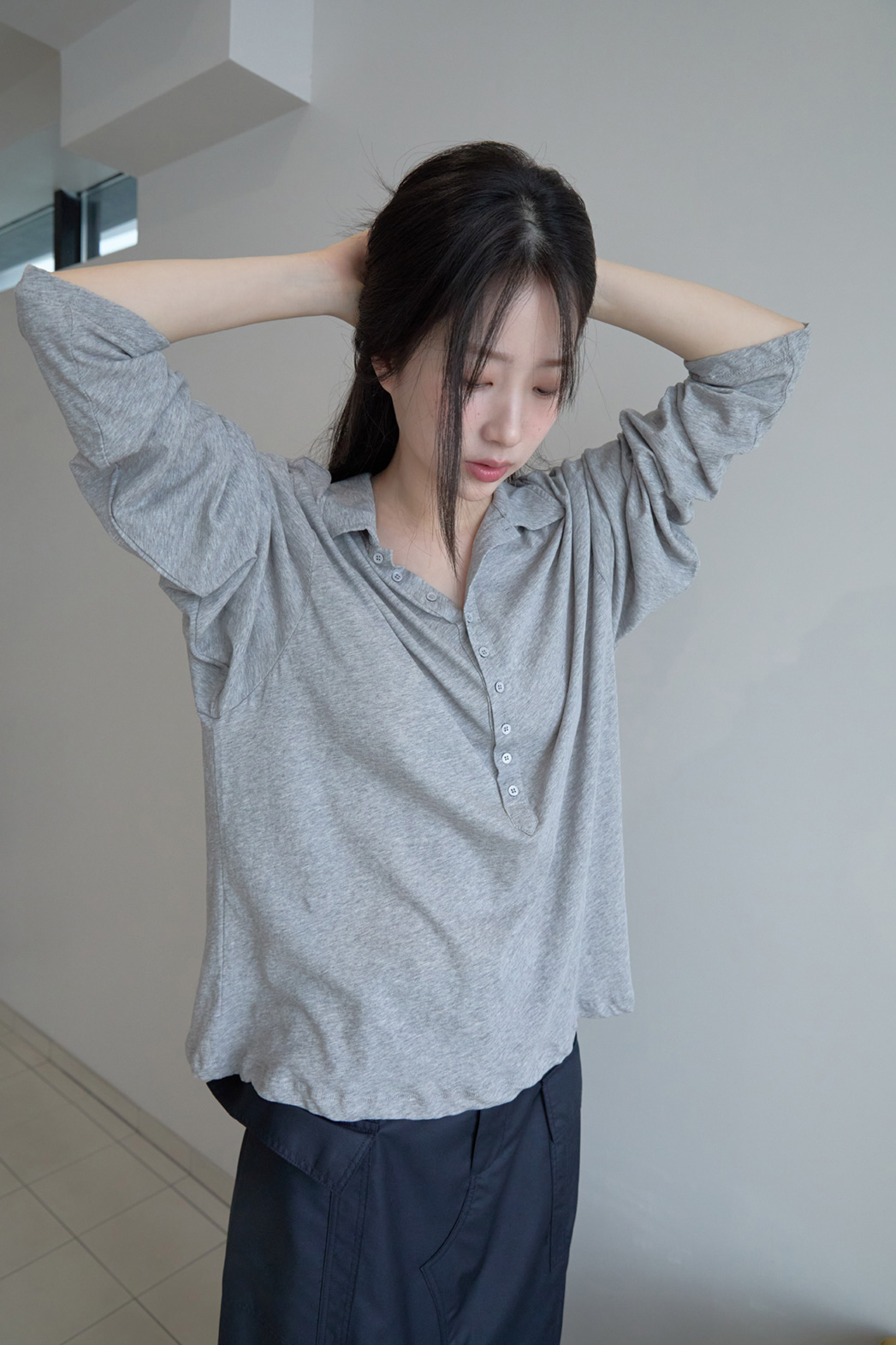 コットンボタンカラーオーバーサイズ無地TシャツポロカラーTシャツSSFW | 詳細画像23